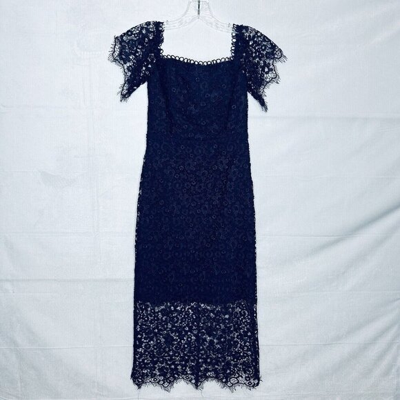 ML Monique Lhuillier Navy Off-Shoulder Lace Cocktail Dress Size 0 Worn Once - Picture 1 of 11